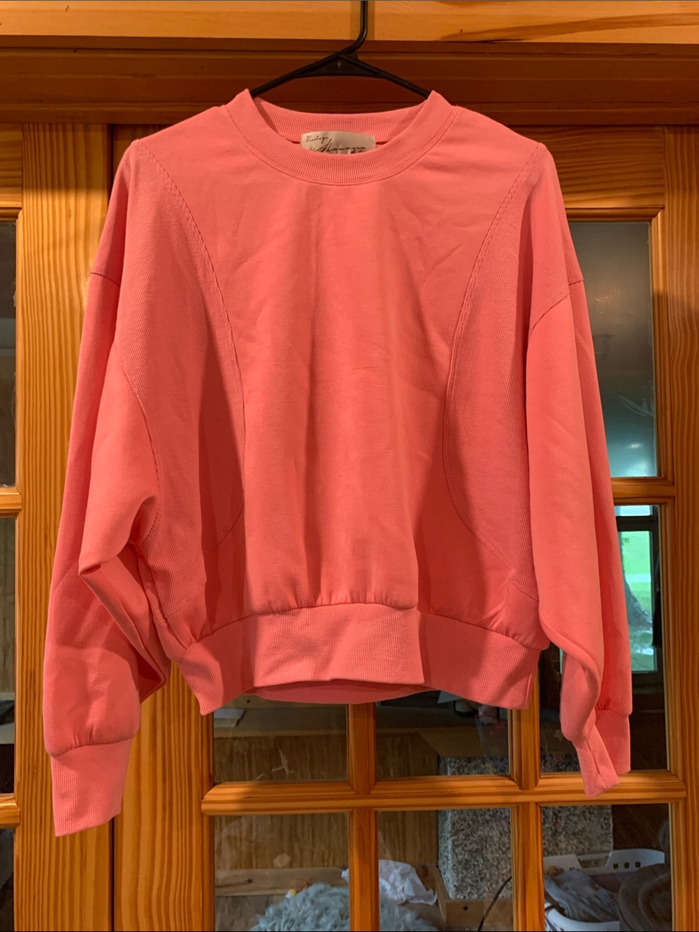 Women’s Hot Pink Slouchy Boxy Crop Pullover Ribbed Crewneck Sweatshirt S